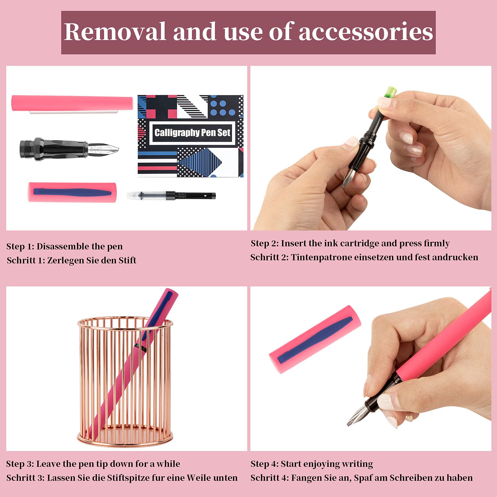 Lot de stylos de calligraphie, 7 pointes interchangeables, 60 cartouches d'encre (12 couleurs) – Stylos plume pour débutants, écriture, dessin, cartes de vœux et signatures de mariage