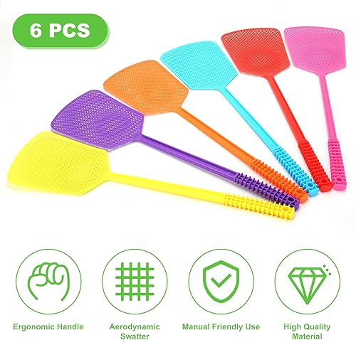 Miniatura 6 de Matamoscas de plástico, paquete múltiple de matamoscas de plástico, 6 matamoscas coloridos y vibrantes a granel, matamoscas de mango largo para