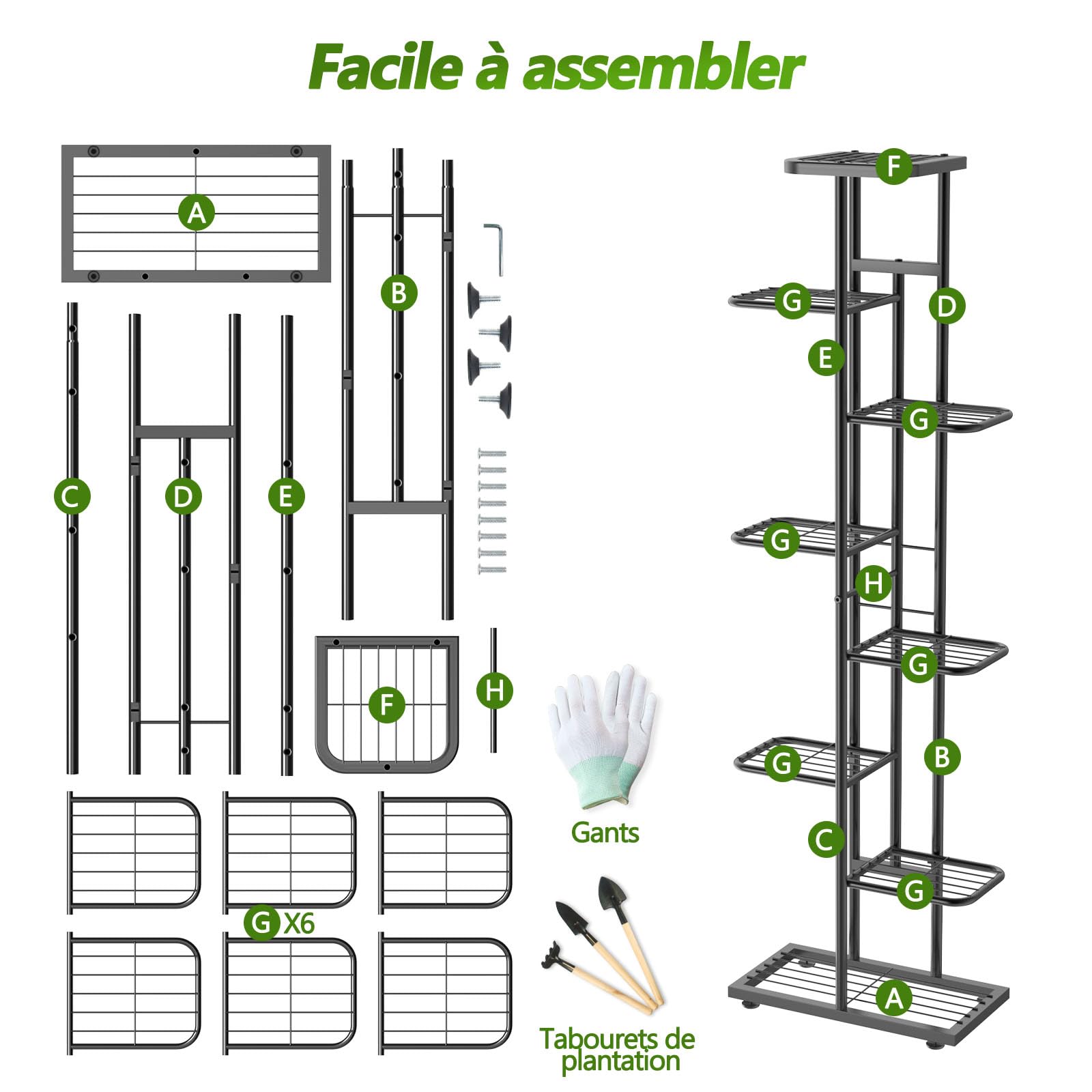 Support pour Plantes à 8 Niveaux avec Outils de Jardinage et Gants, 141cm Porte Plante Interieur en Métal pour Plusieurs Plantes, Étagère Plante Étagère à Fleurs pour Balcon Jardin, Noir