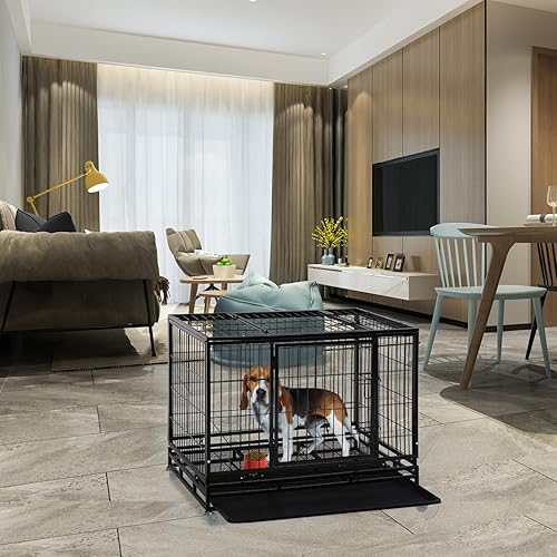 Miniatura 5 de Jaulas resistentes para perros grandes, jaula indestructible de 48 pulgadas para perros de alambre de metal, jaula de doble puerta con ruedas