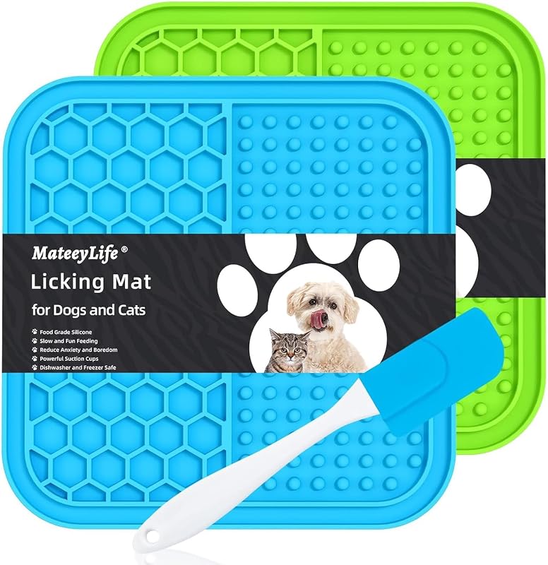 Tapete de Lamber para Cães e Gatos MateeyLife com Ventosas, Silicone, Azul e Verde, Pacote com 2