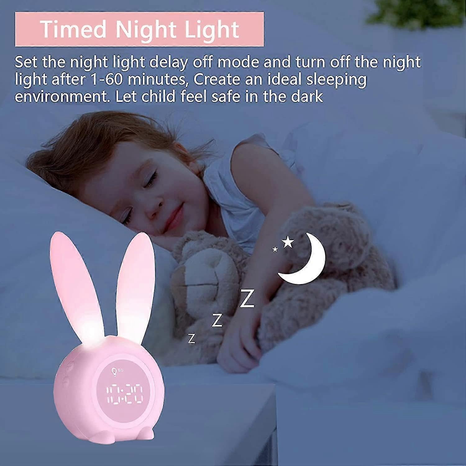 Kinder-Wecker, wiederaufladbar, Hasen-Schlaftrainer-Uhr mit Nachtlicht, Schlaf-Timer für Jungen und Mädchen