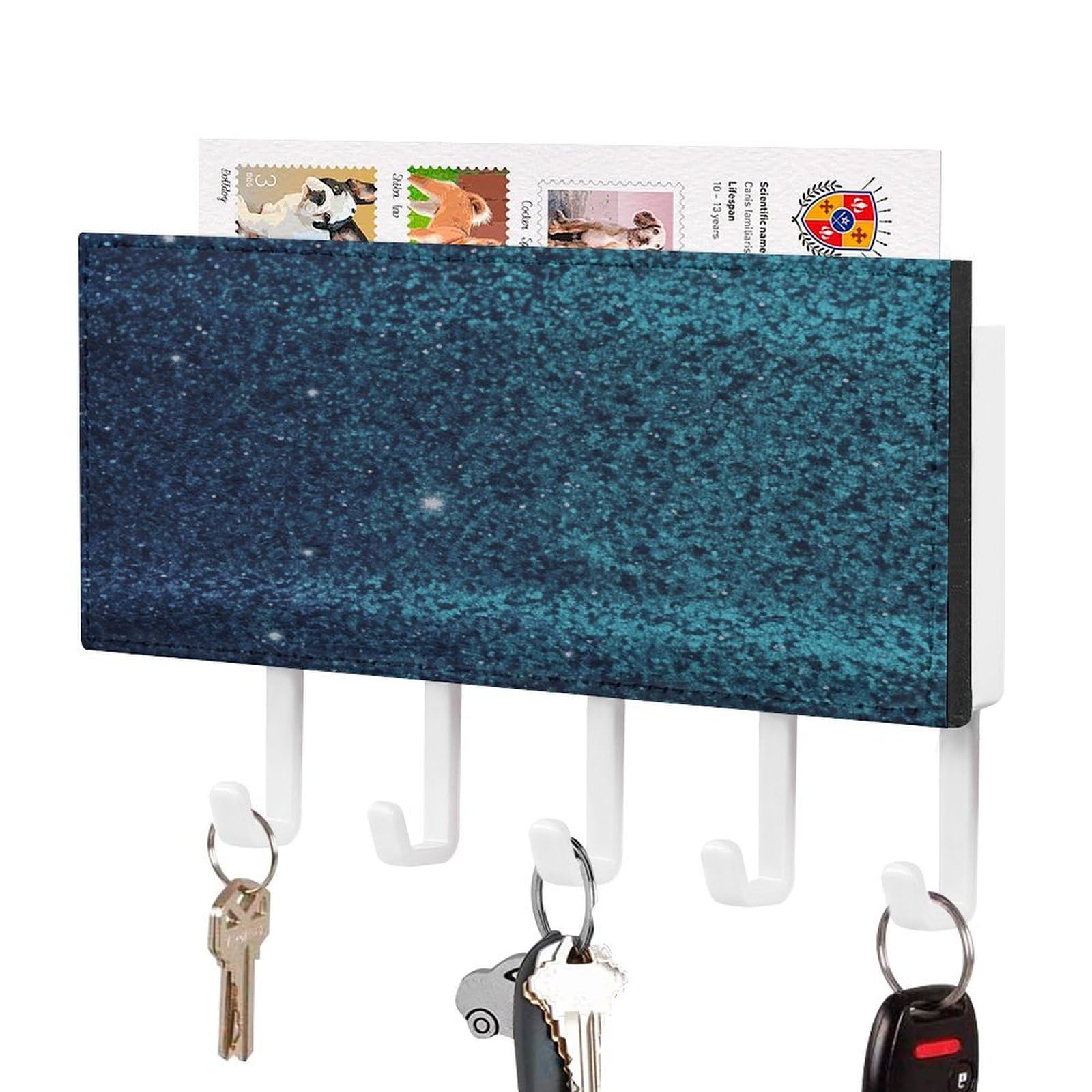 LDGSUPH Teal Glitter Key Holder Wall Mount Key Hanger with 5 Hooks Fashion Key Organizer Rack Hanging Key Hooks with Mail Organizer Key Rack for Home Entryway Hallway White-Style
