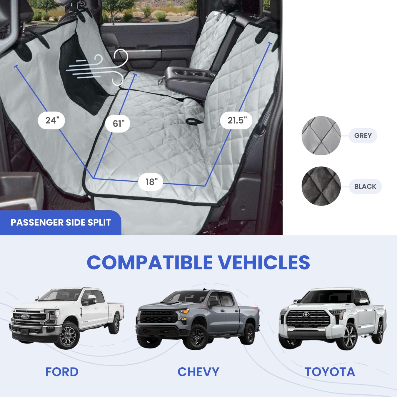 4Knines New Crew Cab Truck Pet Seat Cover for Back Seat with Split-Tech, Dog Hammock & Mesh Window – Heavy Duty Dog Hammock for Trucks with Split Bench Seats (Grey, Passenger Side) - image 2