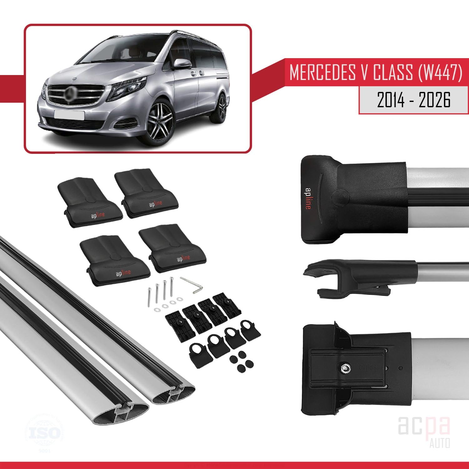 Compatible con Mercedes Clase V 3 (W447) 2014-2026 Fly Model Barras de Techo Auto Portaequipajes Barras Transversales Gris Aluminio 2 Barras