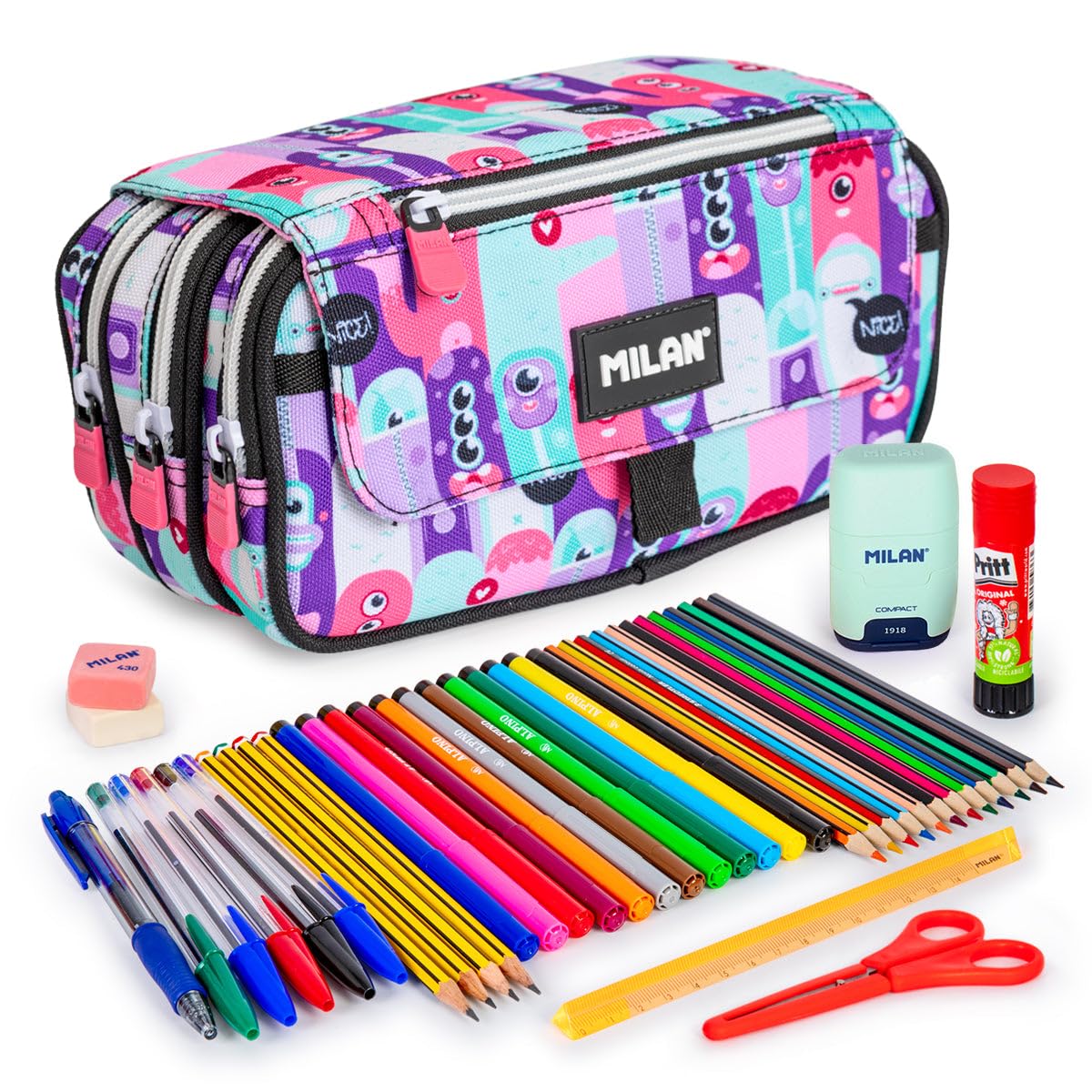 ColePack Pro - Lote de Estuche Portatodo Triple con 4 Cremalleras y Material Escolar de Primeras Marcas Incluido (Aliens)