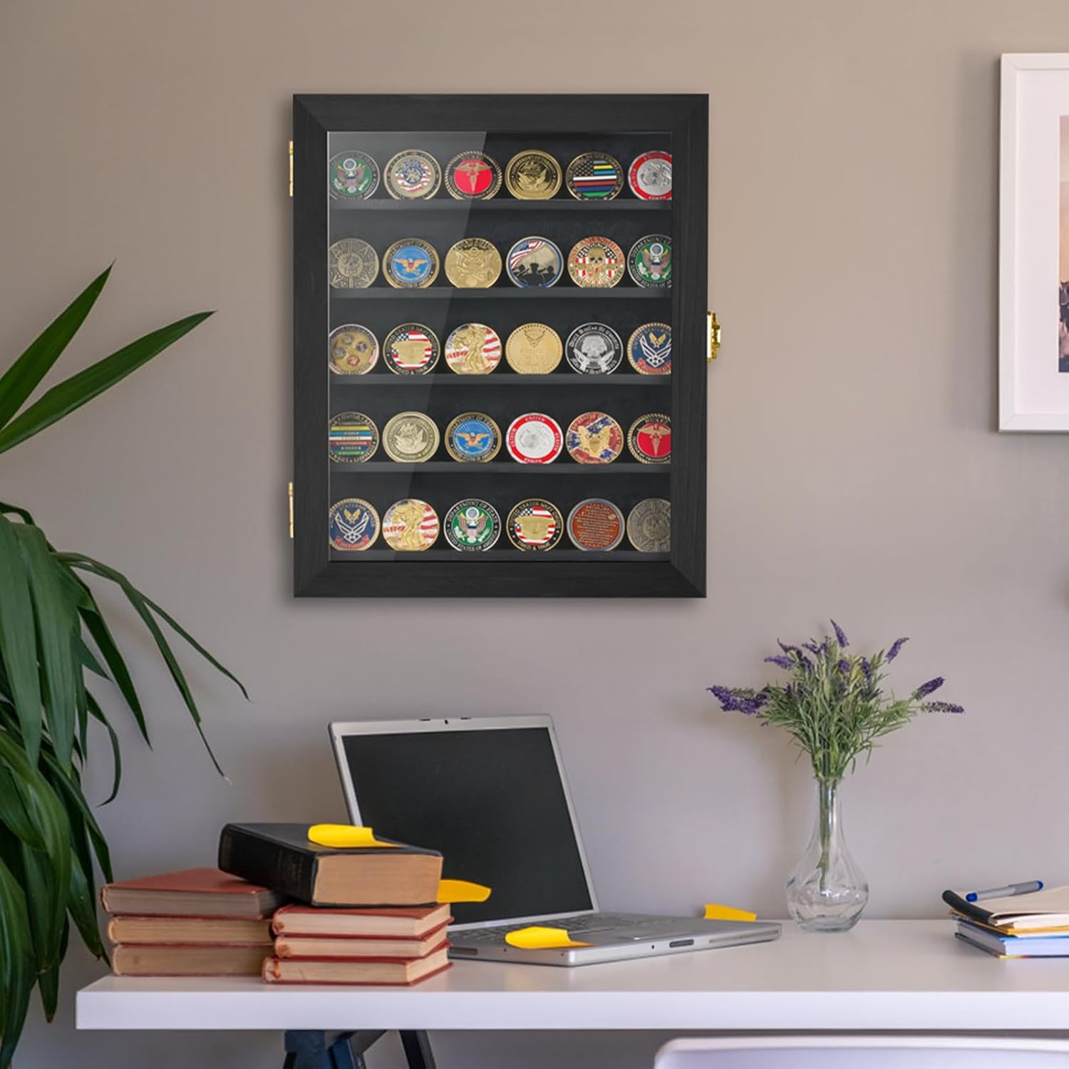 Military Challenge Coin Display Case 11x14IN, Medal Shadow Box with HD Acrylic Glass, Removable 2 Groove Shelves, Wall Mount Coin Collection Holder for Casino Poker Chips Exquisite Souvenirs
