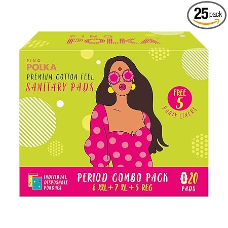 PINQ POLKA Period Combo Pack - Premium Organic Cotton Super Soft Feel I Ultra Thin Sanitary Pads for Rash Free Experience I 8 XXL (Heavy Flow), 7 XL (Night), 5 Regular (Day), 5 Pantyliner (Discharge) I Individual Biodegradable Disposable Pouch (Pack of 25)