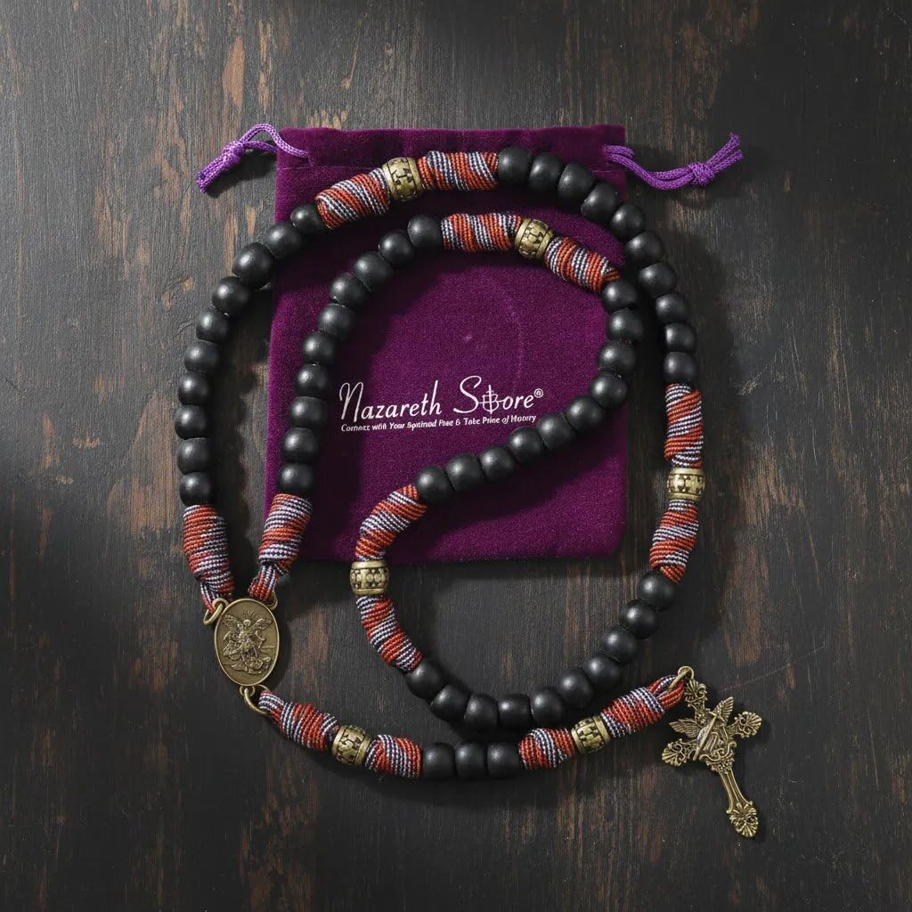 Nazareth Store St. Benedikt Paracord-Rosenkranz 8 mm schwarze matte Perlen Antikbronze starke robuste Kordel-Rosenkranzkette mit Jesuskreuz (Rote Paracord-Bronze St.Michael)