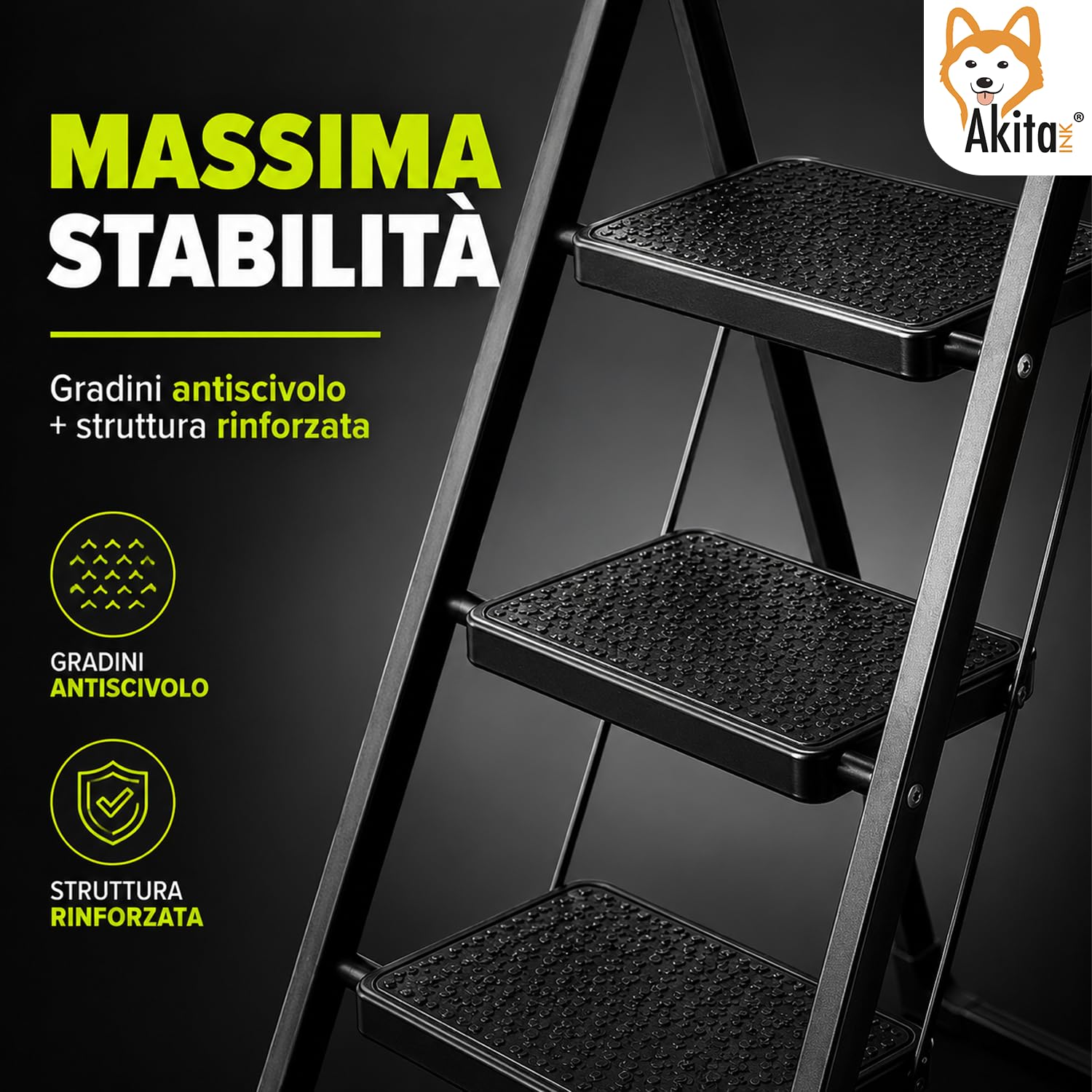 AkitaInk Scaletta Pieghevole in Acciaio Nero Antiscivolo, Scala Multiuso a 3 Gradini, Salvaspazio, Portata 150 kg, Certificata EN14183