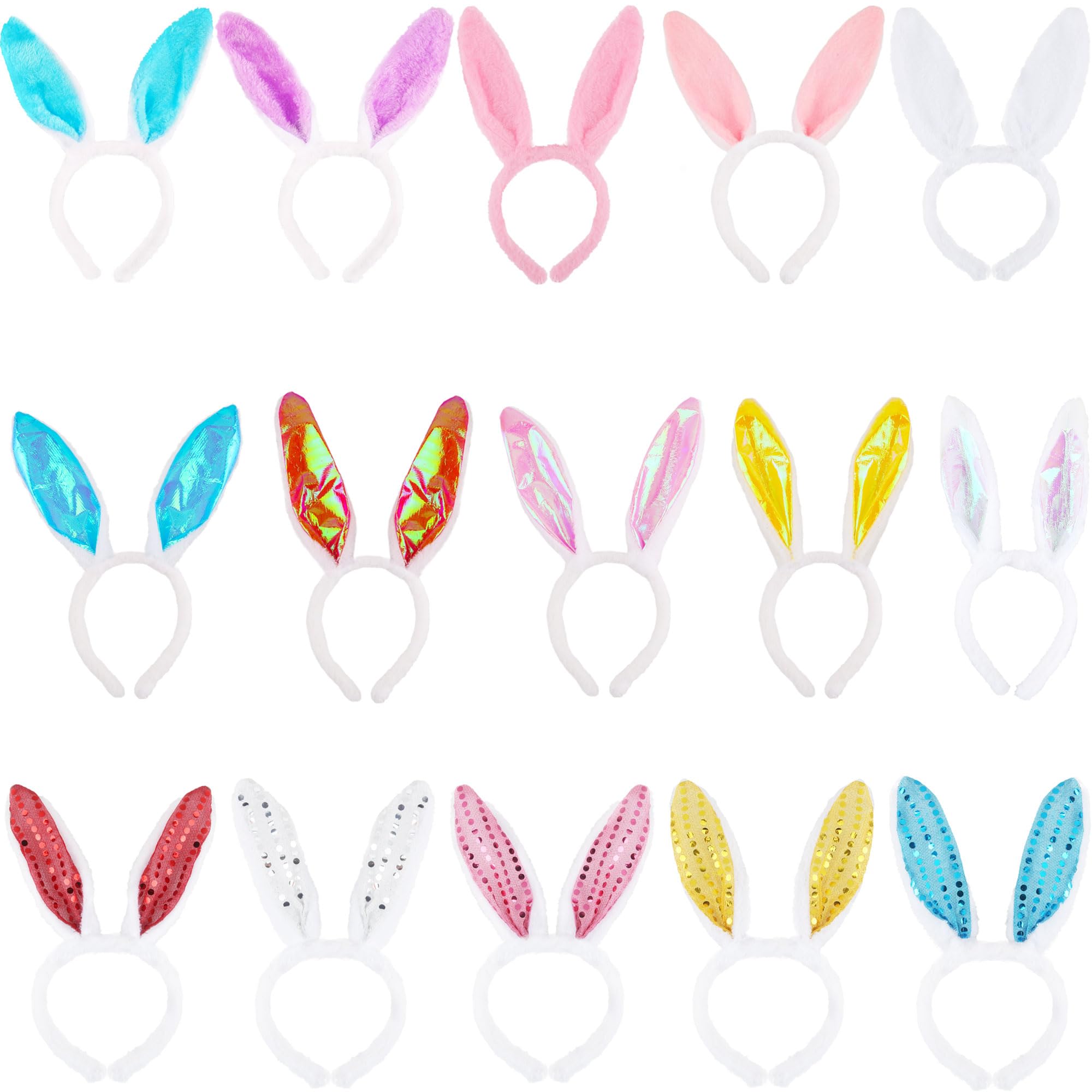Octaday 15 Pcs Easter Bunny Ear Headband Colorful Sequins Plush Rabbit Ear Headband for Easter Cosplay Bunny Dress Up Accessories