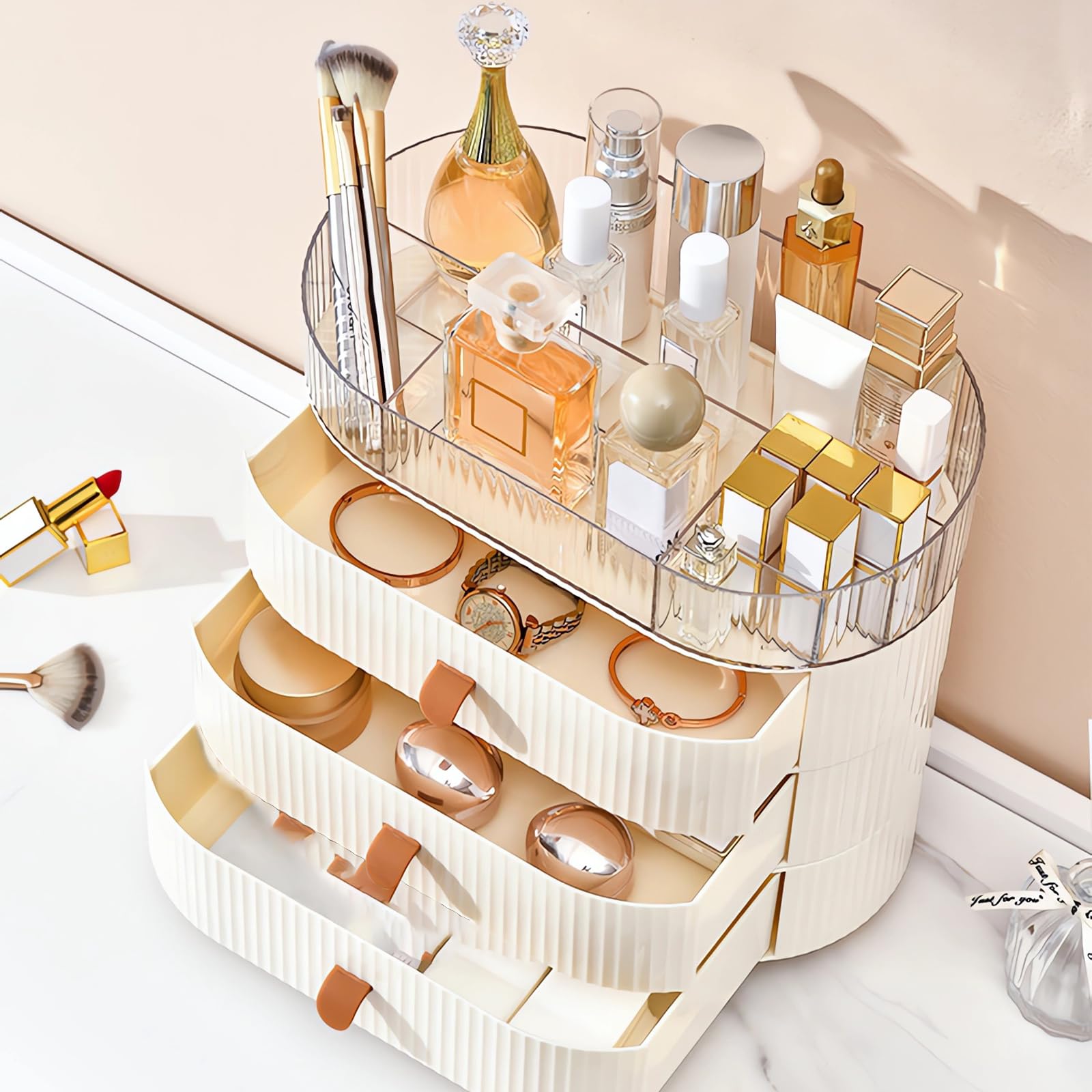 DASITON Organizer Trucchi con Cassetti, Porta Pennelli Make Up Impilabili Make Up Organizer per Cosmetici, Porta Trucchi Organizer da Bagno, Organizzatore Trucchi Rossetto Gioielli (Trasparente-Crema)