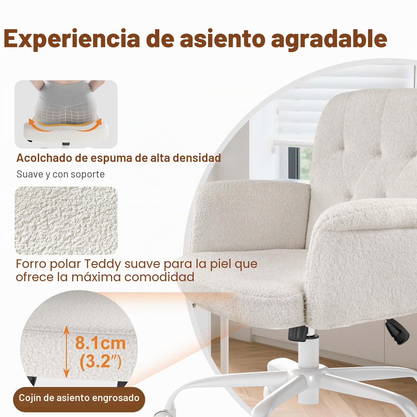 Silla Oficina, sillón Maquillaje Acolchado c/Ruedas y Brazos, Asiento Giratorio Felpa Teddy Regulable, Ideal para salón, Dormitorio, Maquillaje y salón, Blanco