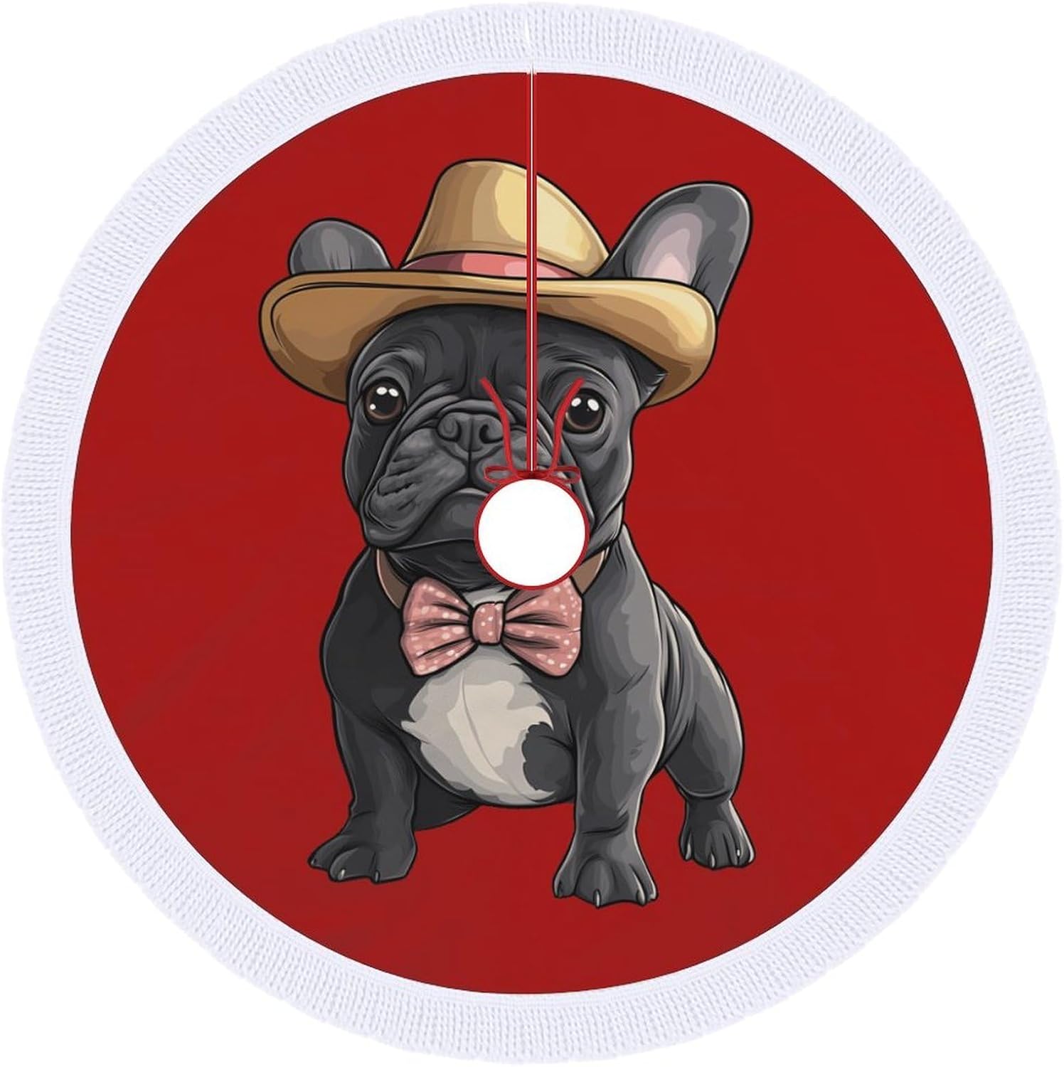 French Bulldog Dog with Hat Christmas Tree Skirt Round Xmas Tree Mat Ornaments Tree Skirts with Tassels for Holiday Party