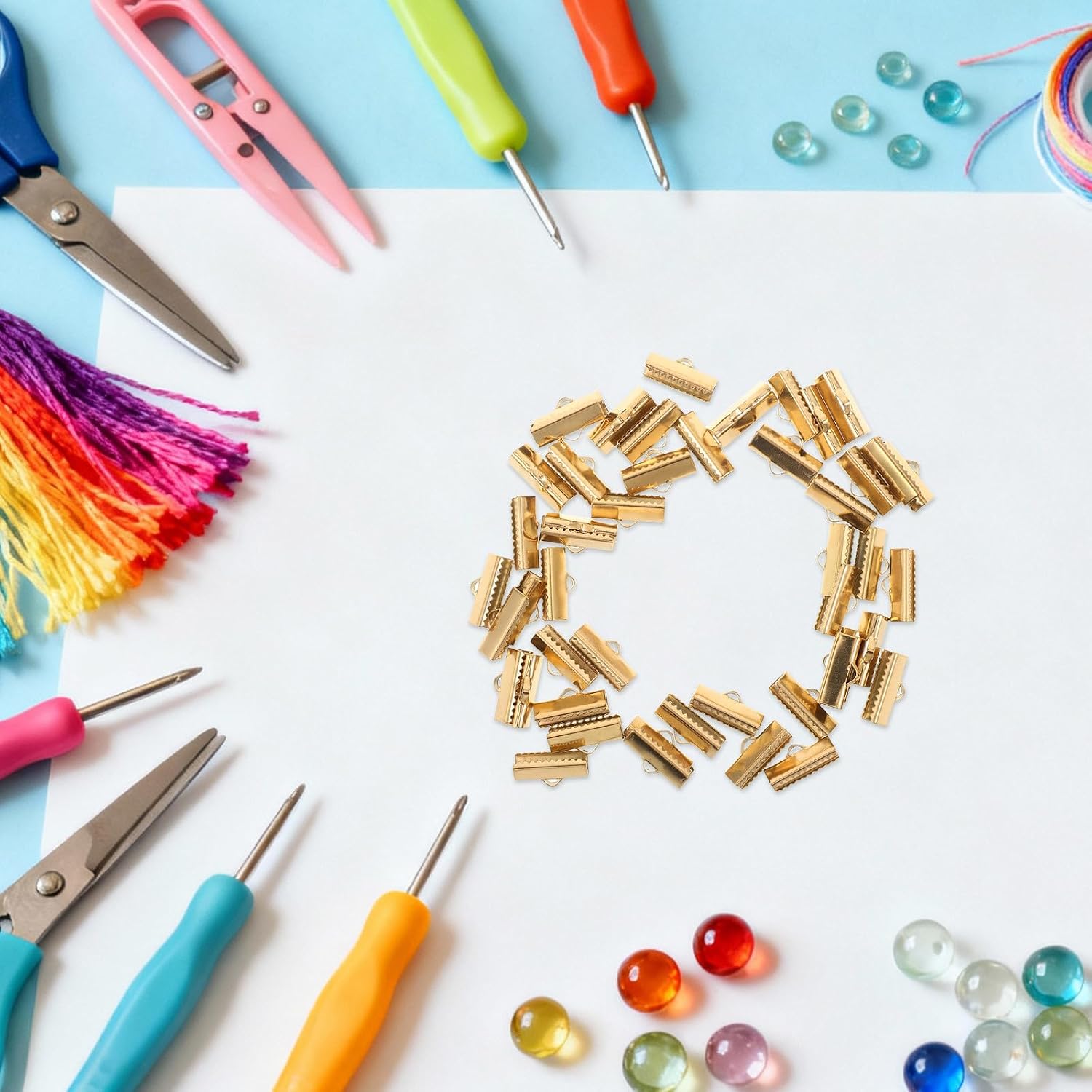 50pcs Ribbon End Clamps: 8x16mm Crimp End Caps, Stainless Steel Pinch Clamp Fasteners for Leather Cord Bookmark, Fold Over for Jewelry Making Bracelet Necklace, Gold
