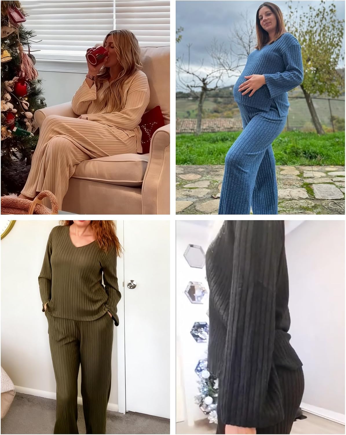 Lounge Sets for Women 2 Piece Ribbed Knit V Neck Long Sleeve Wide Leg Pants Loungewear Pajamas Fall Winter Outfits - Image 2