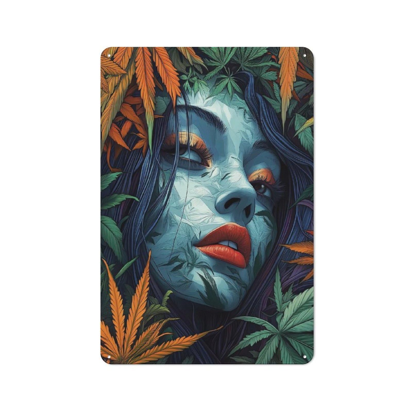 Junmoney Woman In Leaves Workshop Style Metal Wall Sign 30X20cm, Industrial Wall Art For Workshop, Basement, Shed Or Games Room