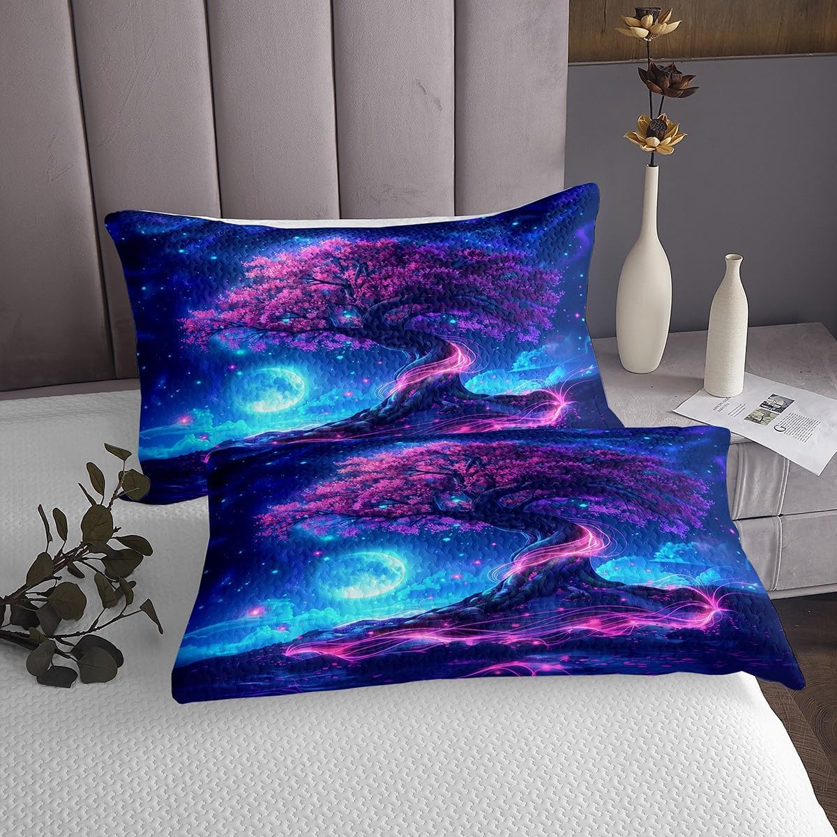 Castle Fairy Cherry Tree Bedspread King Size Natural Landscape Botanical Coverlet Set Kids Room Present Galaxy Nebula Bedroom Decor Bedding Set Dreamy Exotic Style Bedding with 2 Pillowcases
