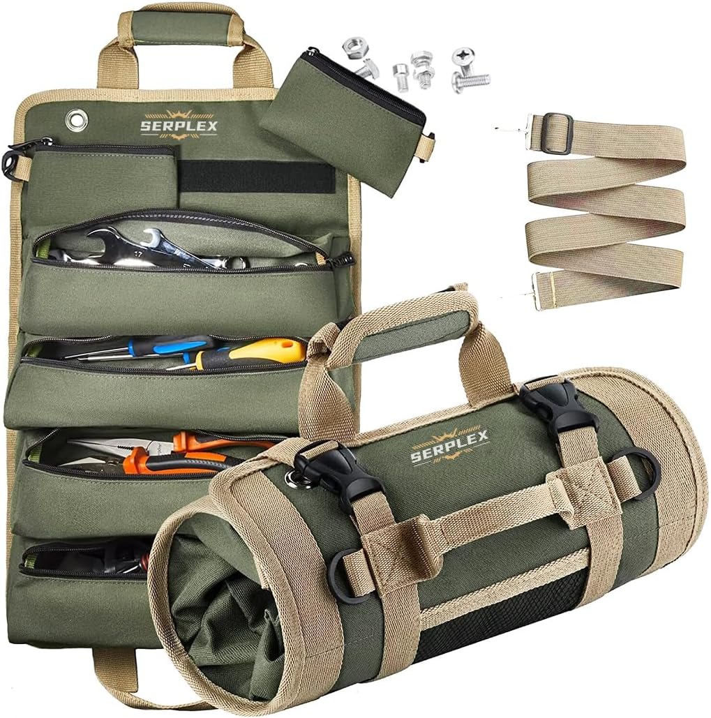 Serplex® Tools Bag Portable Roll Up Tool Bag with Handle & Shoulder Strap Multi Compartment Tools Bag with Detachable Zipper Pouch, Multi-Purpose Tool Organizer for Technicians, Mechanics(No Tools)