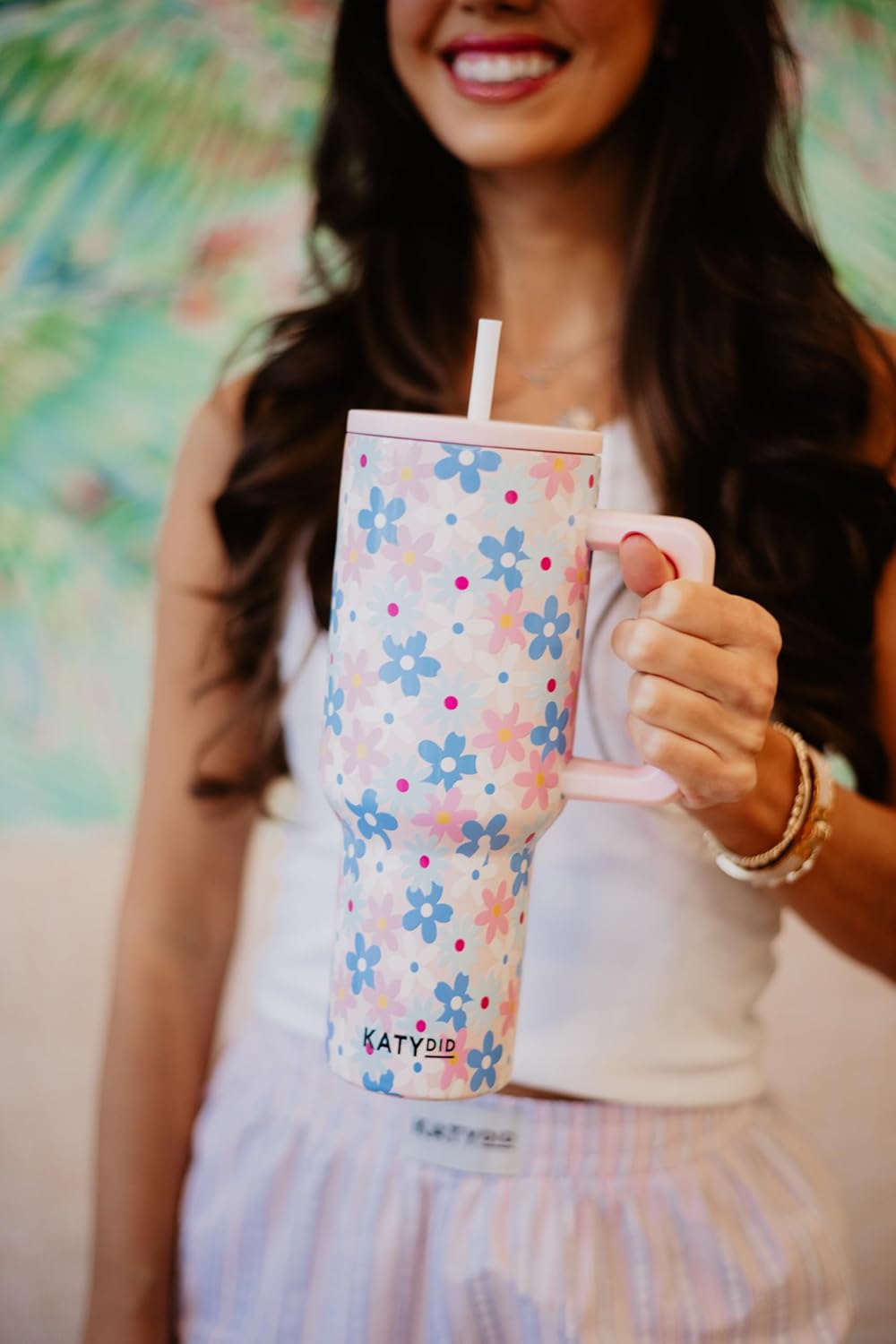 KATYDID 38oz Stainless Steel Tumbler with Handle and Straw - Dishwasher Safe Insulated Tumbler for All-Day Hot or Cold Coffee, Water, Tea, Smoothies and More (Dainty Florals Pink)