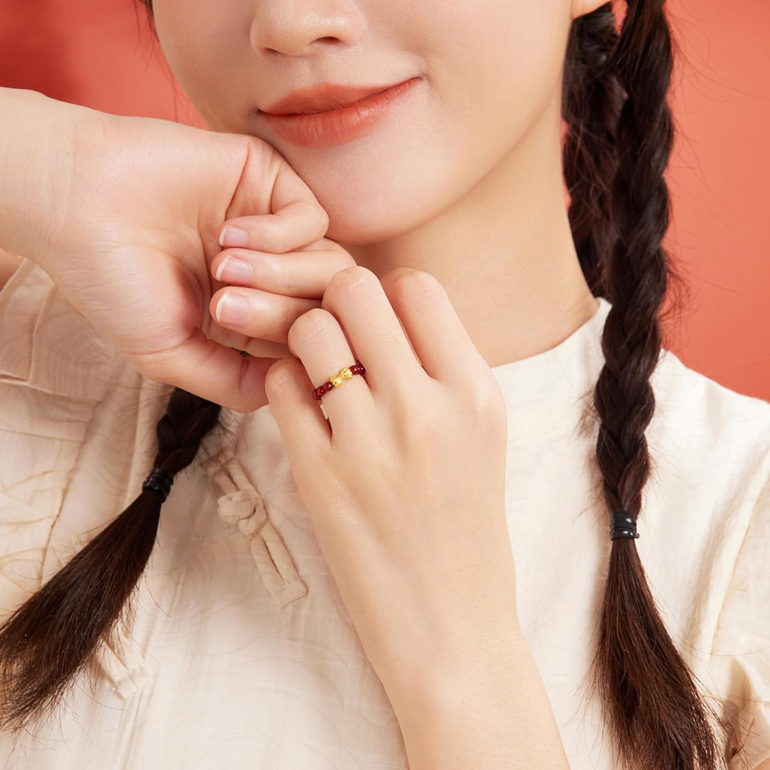 24K Pure Gold Butterfly Bow Red Agate Beads Ring Adjustable Solid Gold Stretch Agate Beaded Ring Jewelry With Jewelry Box For Women Ladies Lover Anniversary Birthday A0112543