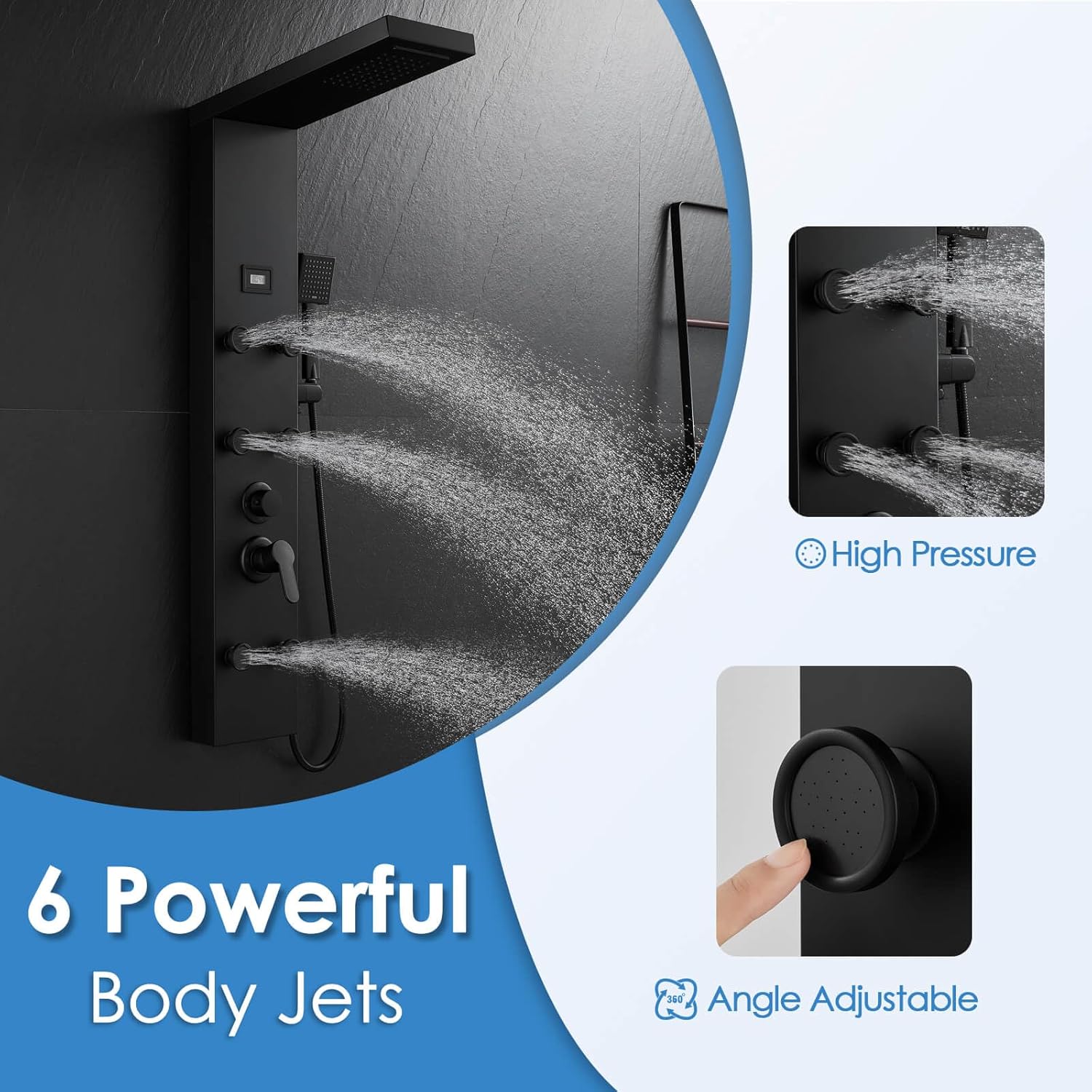 ROVOGO 46.5" Shower Panel Tower System with Rainfall Waterfall Shower Head, 6 Body Jets, Handheld and Temp Display, Stainless Shower Column with Mixer Valve, All Black