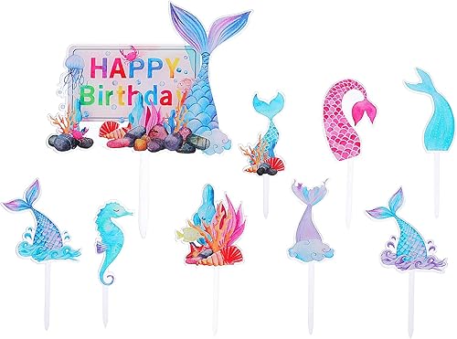 Miniatura 2 de 9 piezas de tarjetas de sirena con cola de sirena, decoración para cupcakes, decoración de tartas de cumpleaños, decoración de frutas, mariposas