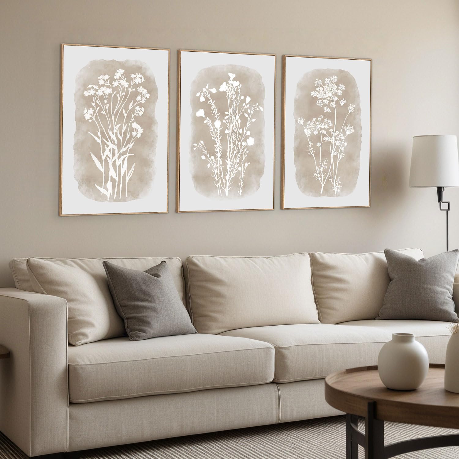 Boho Botanical Wall Art Neutral Wildflower Framed Canvas Wall Decor, Vintage Minimalist Floral Beige Prints for Farmhouse Living Room Bedroom Office- Set Of 3, 16x24 Inch, Ready to Hang