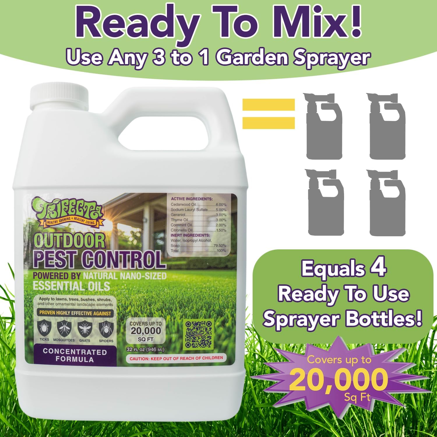 Trifecta Natural Outdoor Pest Control Yard Spray with Essential Oils | Mosquito, Ant, Flea, Tick, Gnat Killer on Contact & Repellent Treatment for Insects Bugs | Safe Around Kids & Pets | 32oz Conc
