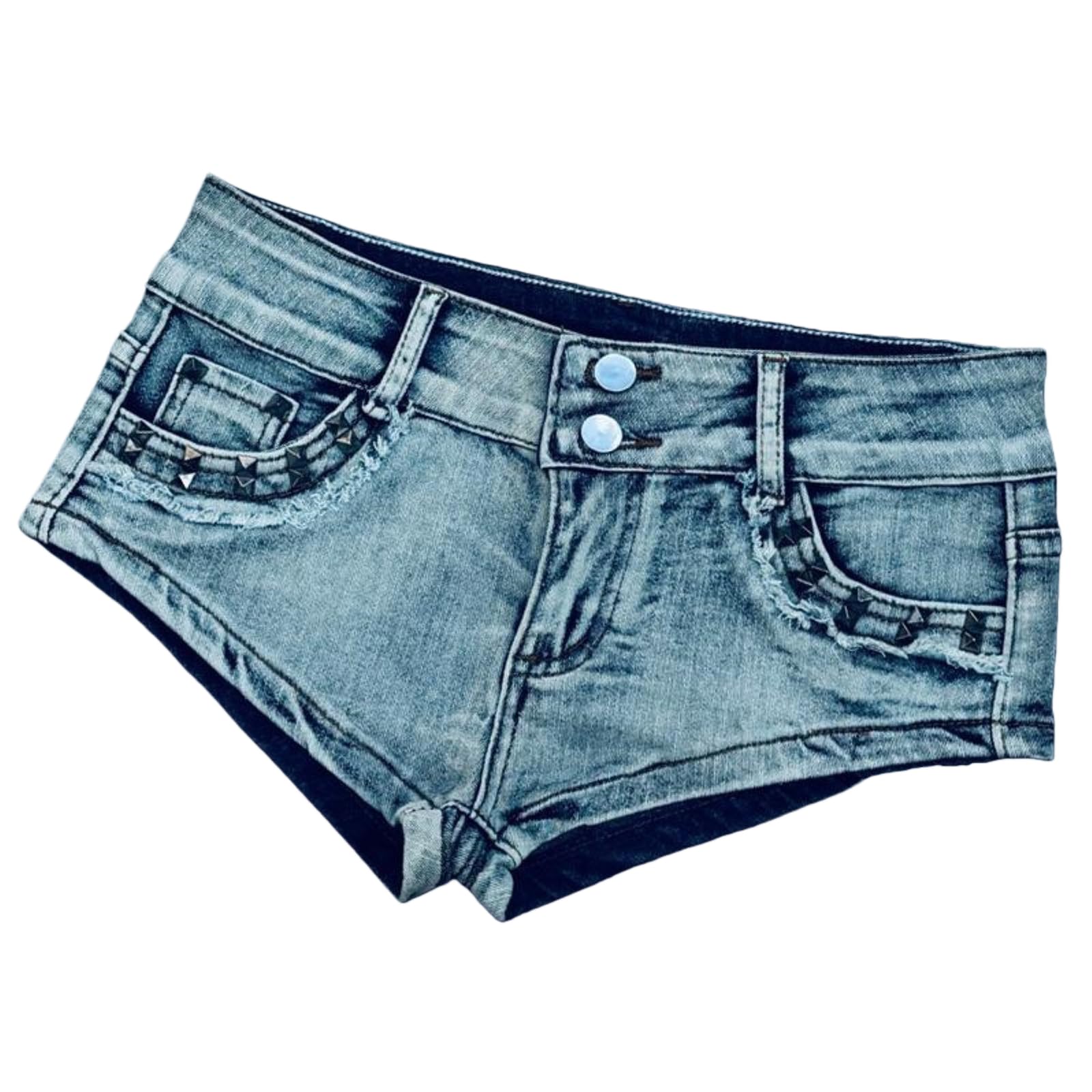 Short jeans femme summer taille basse en denim bleu délavé avec rivets stylés pour l'été