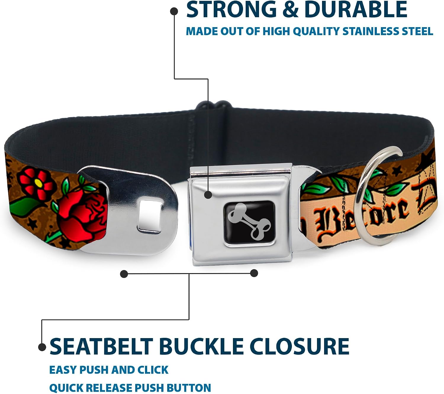 Buckle-Down Seatbelt Buckle Dog Collar - Death Before Dishonor Olive - 1" Wide - Fits 15-26" Neck - Large