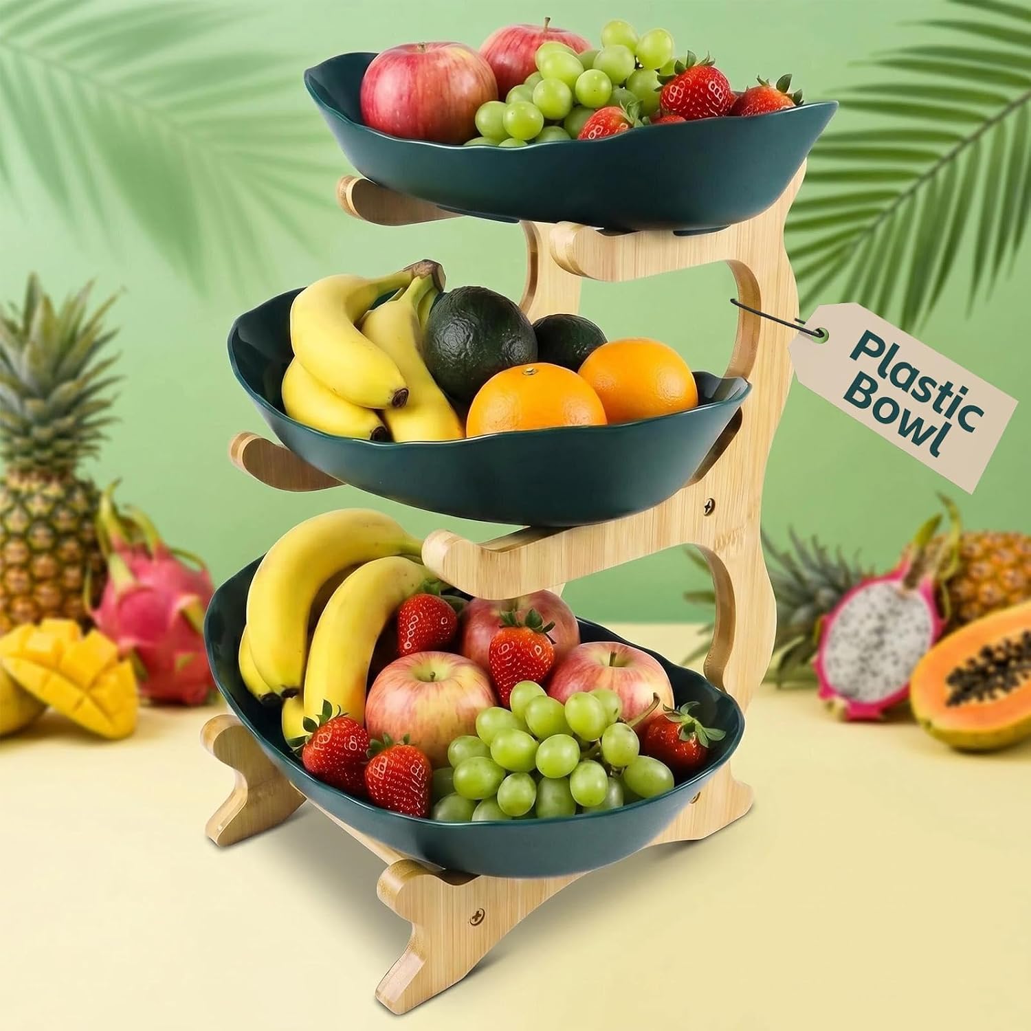 Fruttiera a 3 Ripiani DWDHYEAN con Supporto in Legno