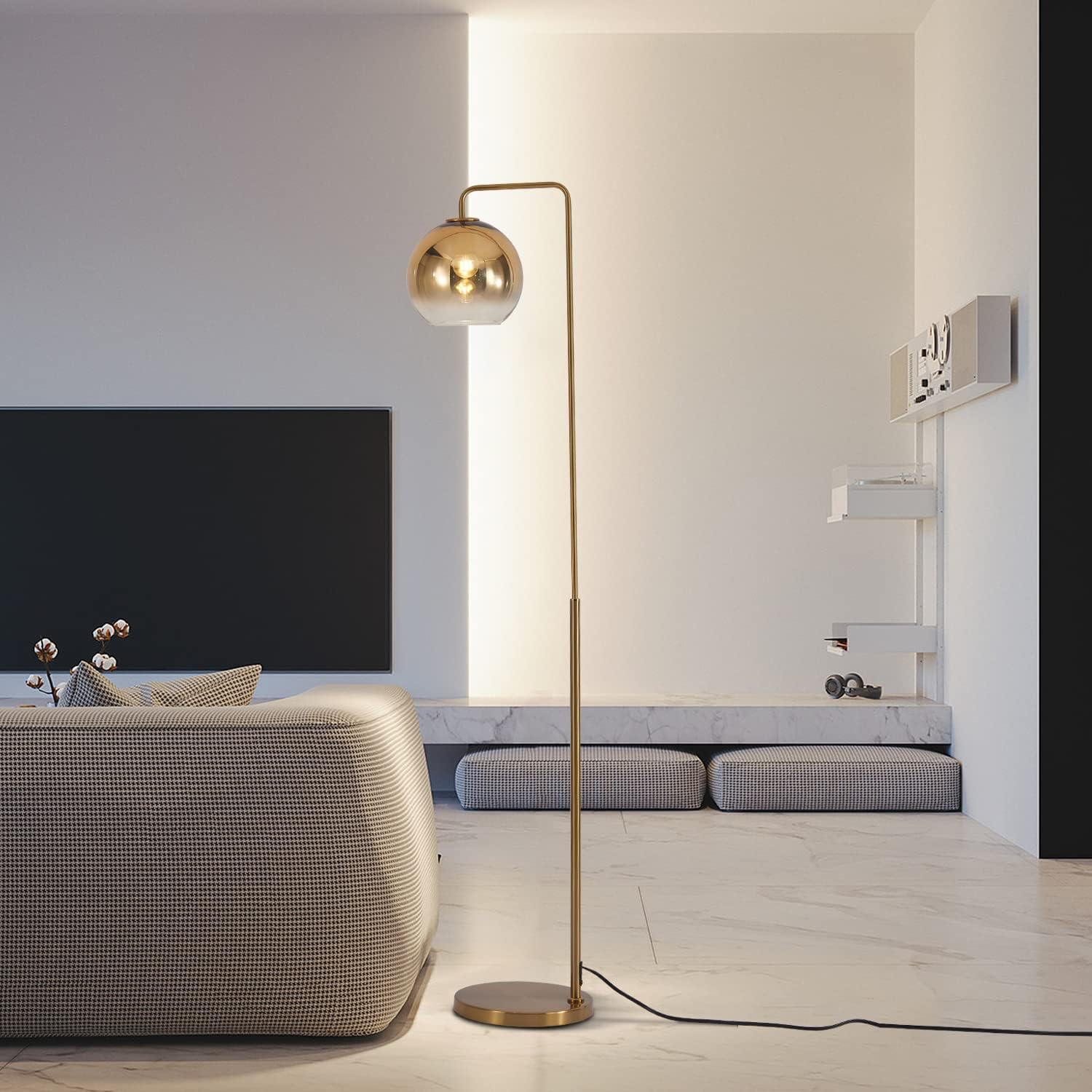 KCO Lampada da terra a sfera in vetro sfumato oro, lampada da terra moderna a sfera LED per ufficio, soggiorno, camera da letto (20,1 cm)