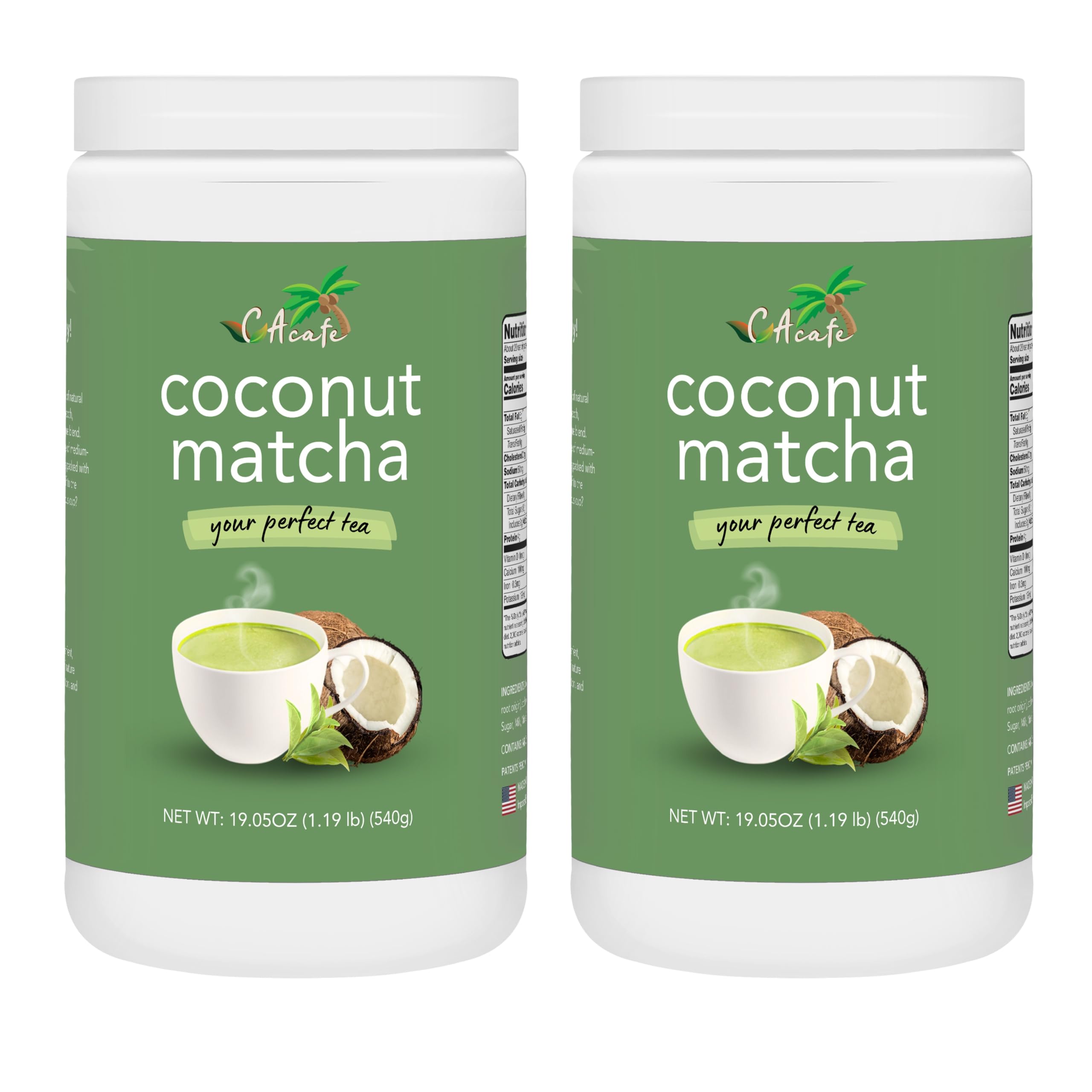 CAcafe Coconut Matcha | Instant Japanese Health Drink | Creamy & Sweet | Hot or Iced Green Tea Latte Mix | New Look, Reduced Sugar | Non-GMO | No Artificial Flavors or Colors | 2-Pack