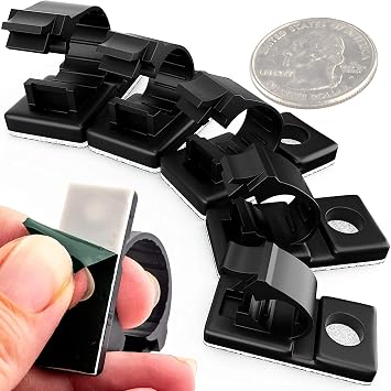 PHYXOLOGY SUPPLY - Pro-Grade, Adhesive-Backed Cable Clamps. Multi-Size Set of 20x 4, 6, 8, 10 and 12 mm Black Clips - Wire Management, Cord Organization - Home and Office Tools-Free Install 100 Pk