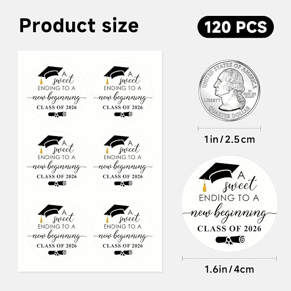 120 Pack Graduation Stickers Black & White Sweet Ending to A New Beginning Class of 2026 Round Gift Tags, 1.6 Inch Invitation & Favor Labels for Graduation Party Decorations