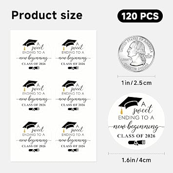 120 Pack Graduation Stickers Black & White Sweet Ending to A New Beginning Class of 2026 Round Gift Tags, 1.6 Inch Invitation & Favor Labels for Graduation Party Decorations