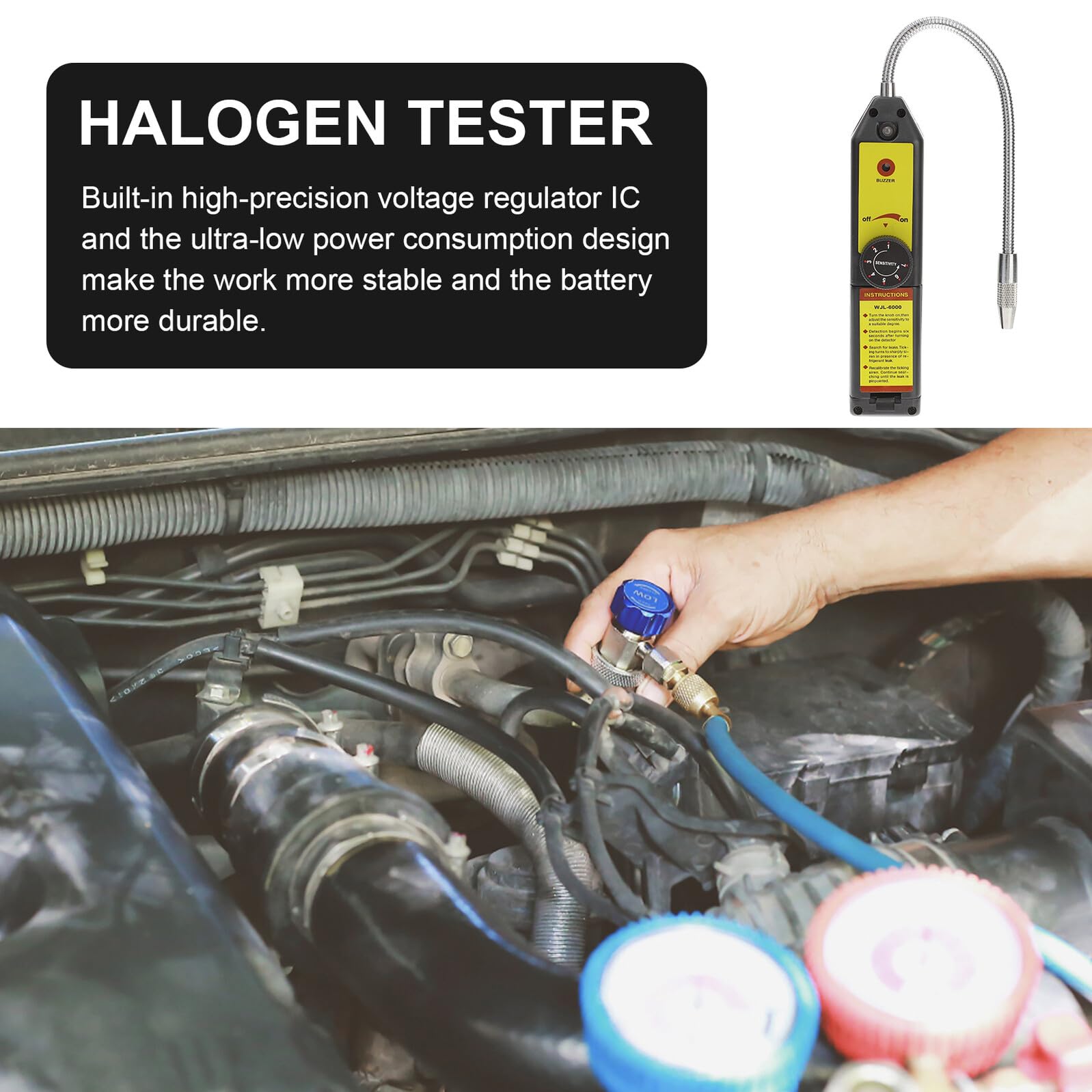 Kältemittelleckdetektor für Hlk Anlagen mit 20cm Sonde | Abs Gehäuse in Gelb, Ignoriert Halogengas Konzentration, Niedriger Stromverbrauch