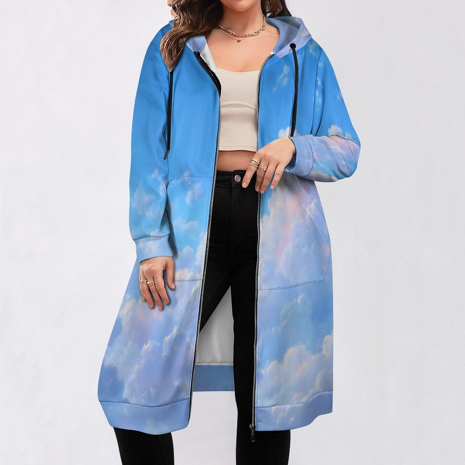 Felpa Donna con Zip Felpe Sportiva con Tasche E Cappuccio Design Soffice Nuvola Bianca Morbida Invernale Giacca Regolabile Azzurro Chiaro Confortevole per Uso Quotidiano Casual