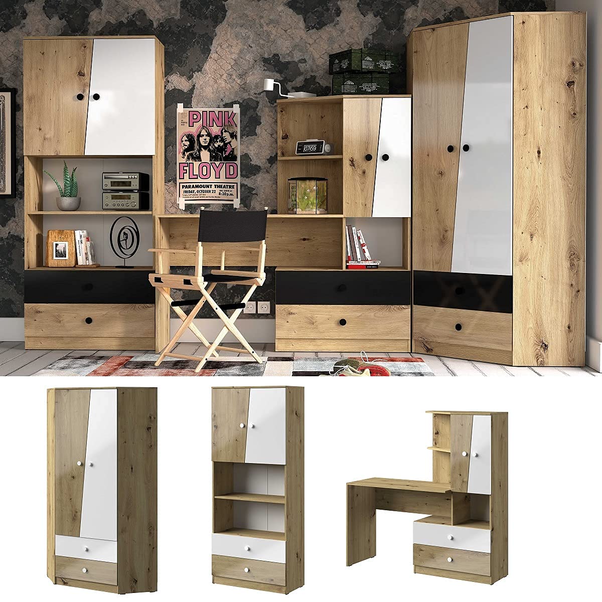 QMM Jugendzimmer Kinderzimmer komplett Neo Set A Schrank Schreibtisch Regale (Schwarz-Matt)