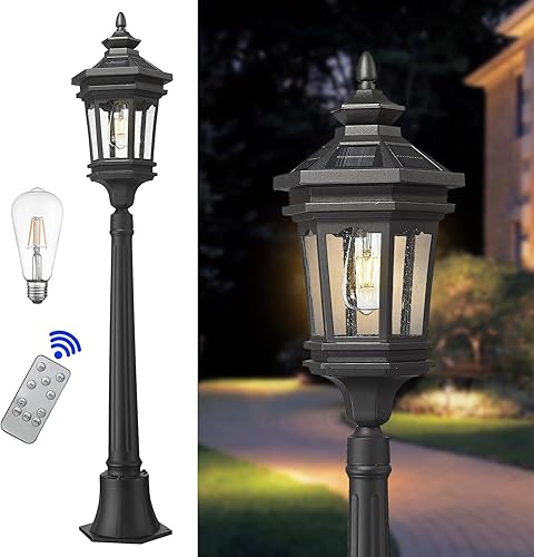 Miniatura 10 de Darkaway Lámpara de poste solar para exteriores, poste de luz de aluminio del atardecer al amanecer, poste de lámpara con control remoto, lámpara de