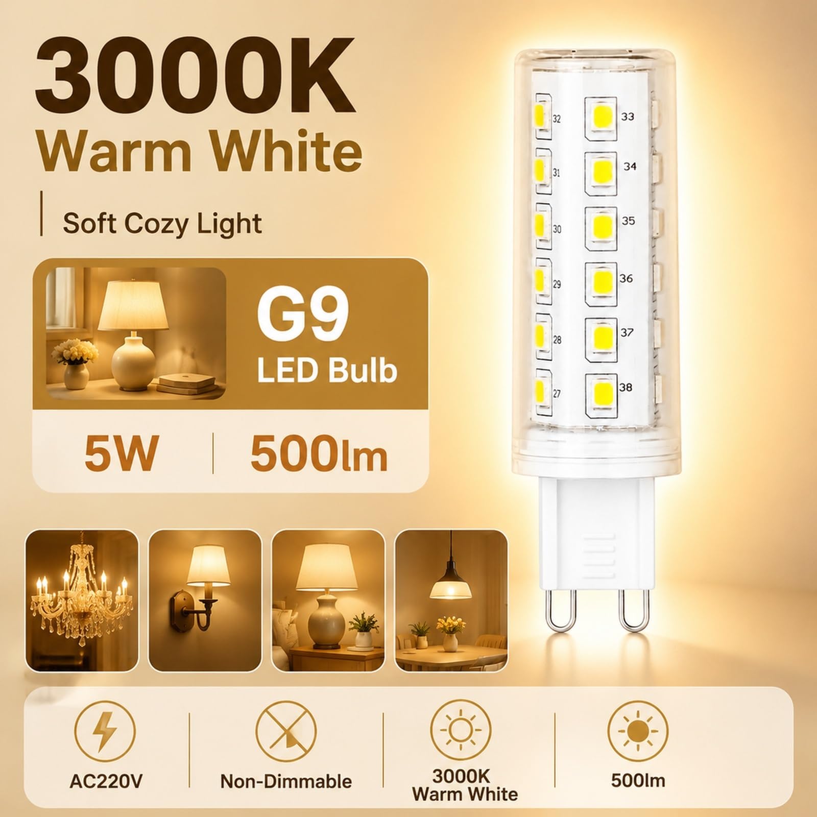 Bombilla LED G9 Luz Cálida 3000K, 5W=40W, Sin Parpadeo, Ahorro Energía, CRI≥80, Larga Vida, Para Araña, Aplique, Pasillo, Iluminación Interior, No Regulable(6 Pack)