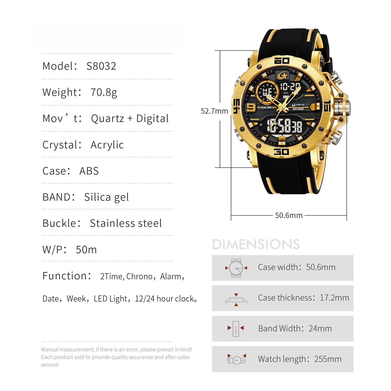 CARLIEN Reloj de pulsera para hombre, multifunción, deportivo, militar, analógico, digital, con retroiluminación LED, esfera grande, correa de silicona, cronómetro, fecha automática, 50 m, resistente
