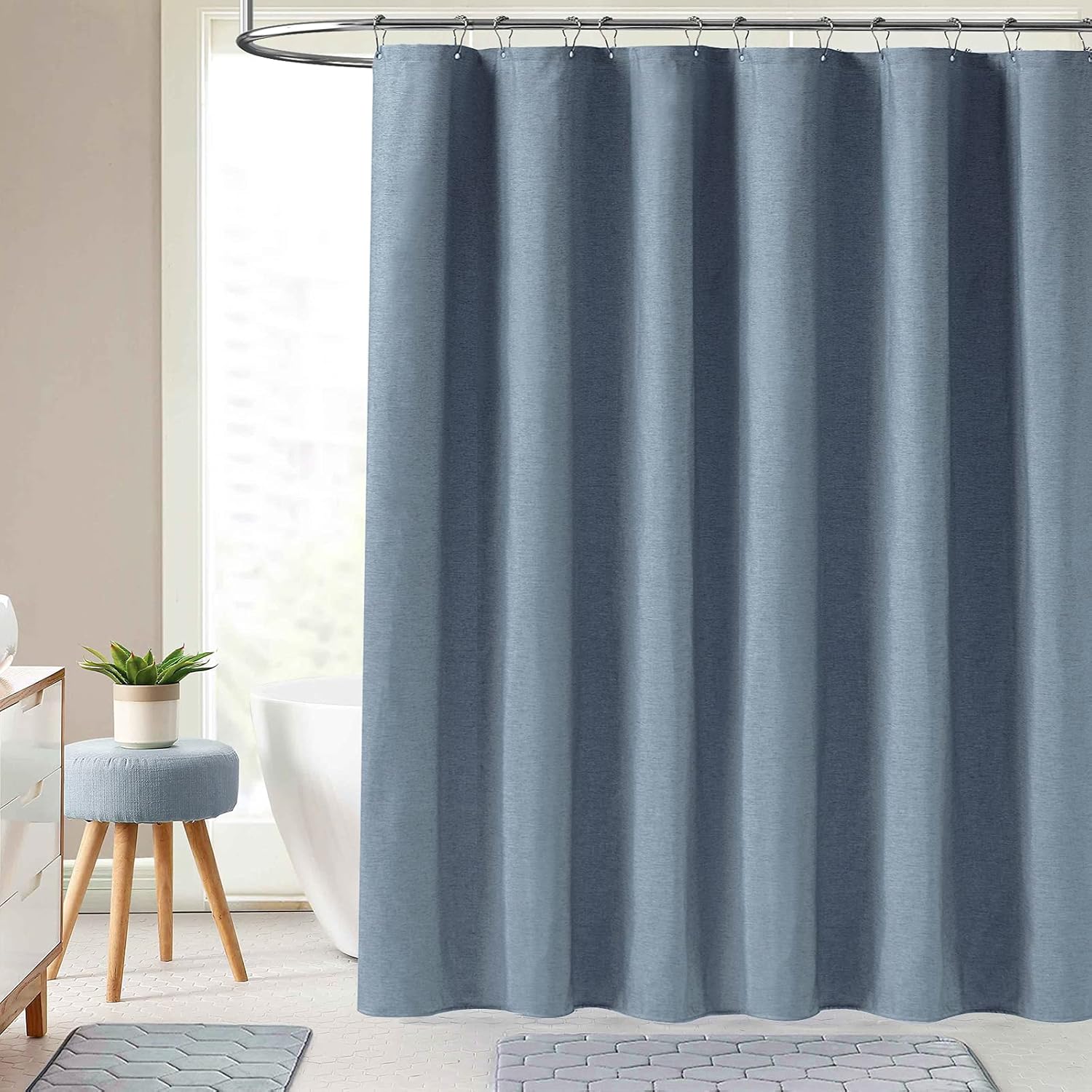 BTTN Fabric Shower Curtain, Linen Textured Heavy Duty Polyester Cloth Shower Curtain Set with Plastic Hooks, Blue Grey, 72" W x 72" L (Pack of 1)