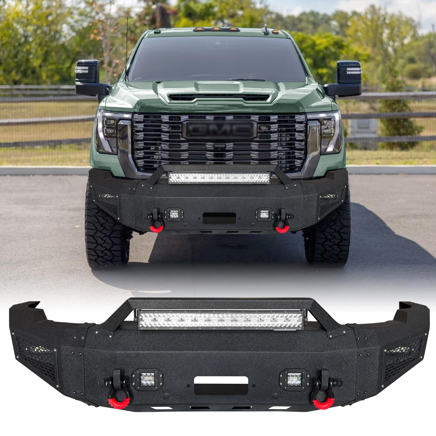 TIOYAR Front Bumper Compatible with 2024 2025 2026 GMC Sierra 2500 3500 w/Winch Plate and 5 LED Lights and 2 D-Rings