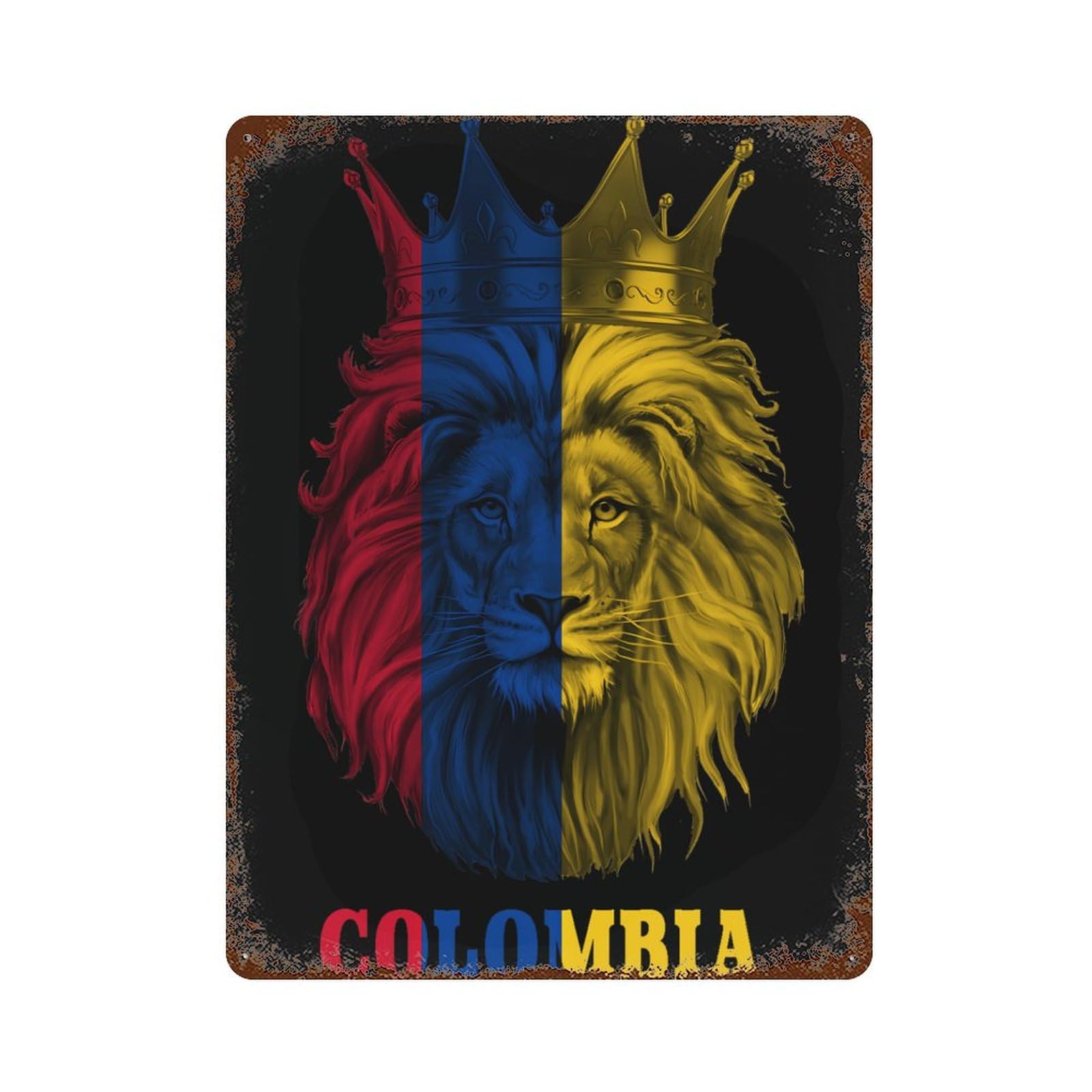 KWQDOZF King Lion Colombia Flag Theme Metal Tin Sign,Vintage Iron Hanging Plate Vertical with Rust Poster Wall Decor 12x16inch
