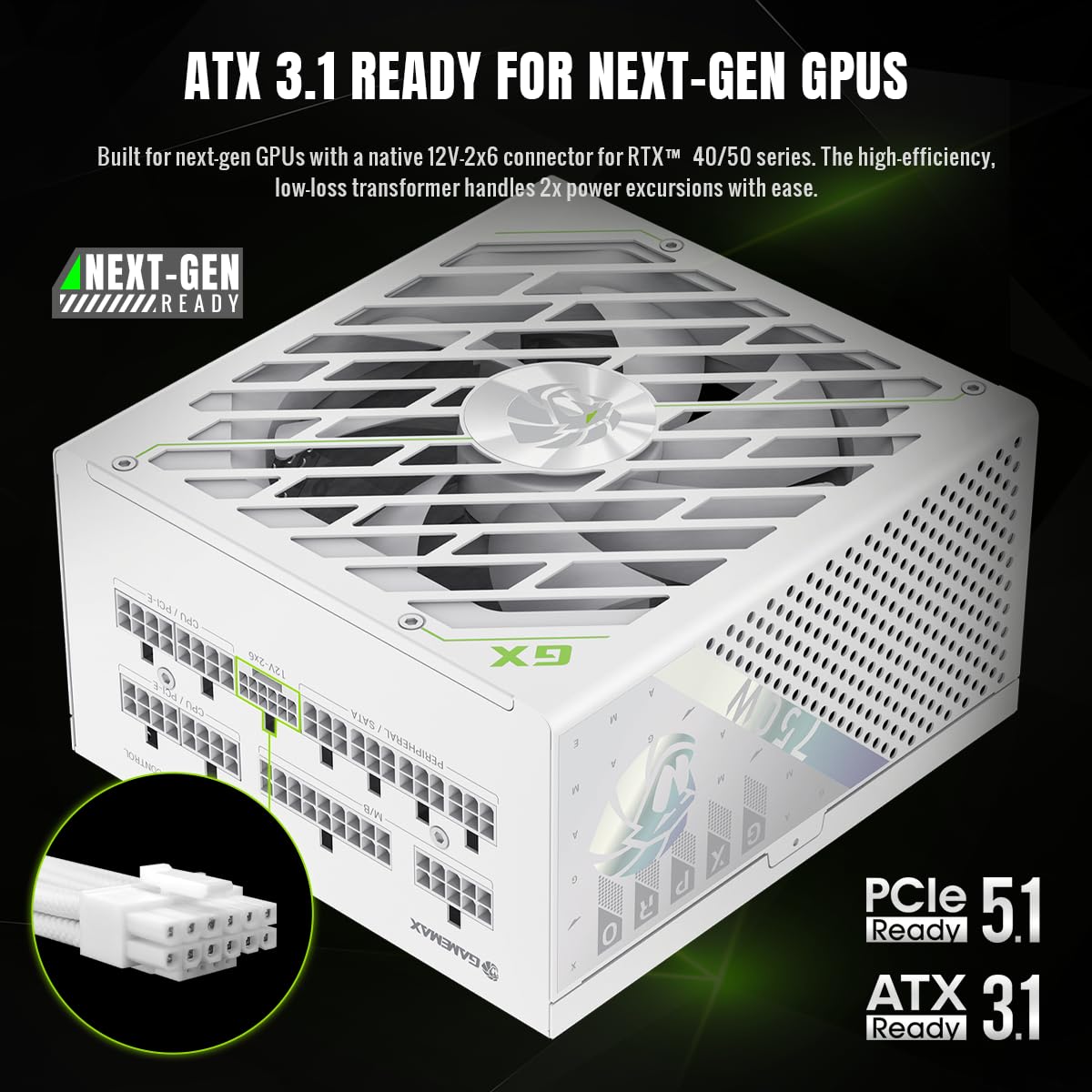 GAMEMAX GX 750G PRO WH Netzteil PC 750W Vollmodulares, ATX3.1 PCIe5.1 mit 12V-2x6-Anschluss, 80 Plus Gold, 105°C Japanische Kondensatoren, 7 Schutzschaltungen, 10 Jahre Garantie, Weiß