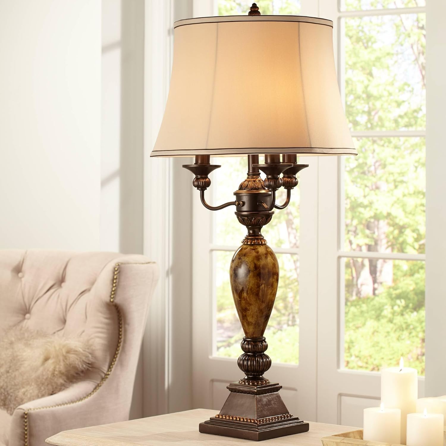 Kathy Ireland Mulholland Traditional Vintage Table Lamp 37" Tall Bronze Golden Marbleized White Bell Shade Decor for Living Room Bedroom House Bedside Nightstand Home Office Entryway Family