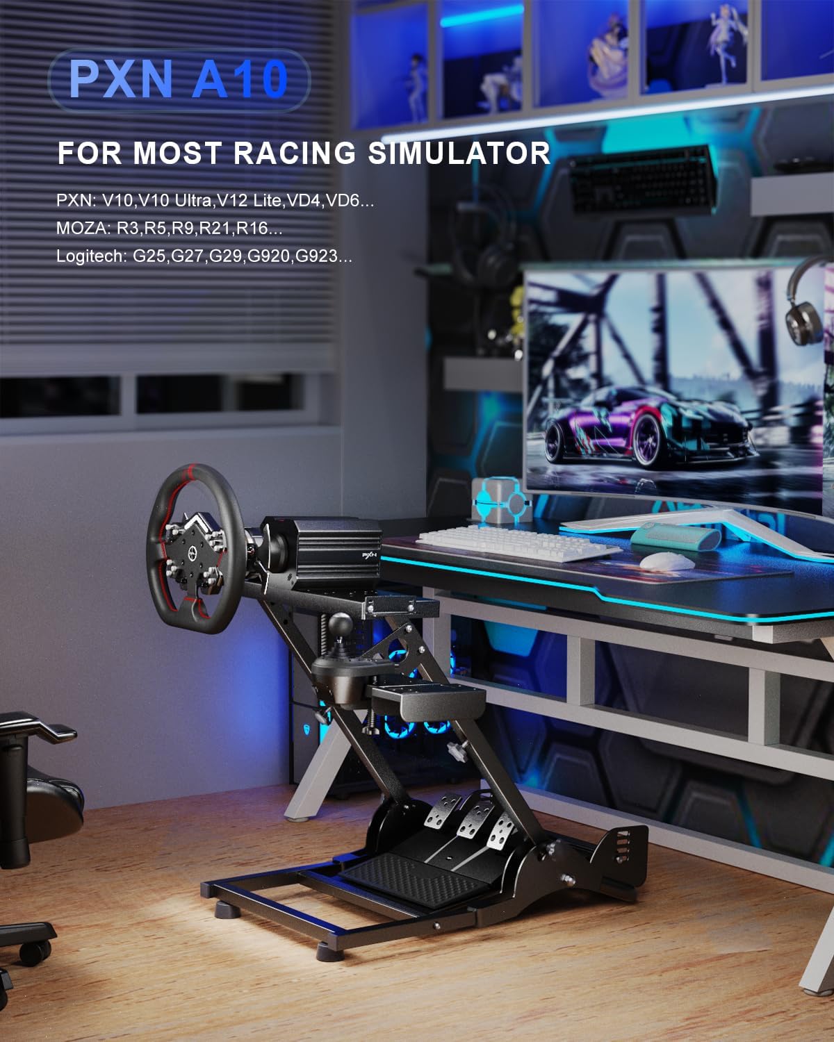 PXN PXN-A10 - Supporto per volante compatibile con Logitech G29 G25 G27 G923 V9 V10 V12 MOZA R21 R16 con supporto per cambio, supporto pieghevole regolabile, design ergonomico portatile [nero]