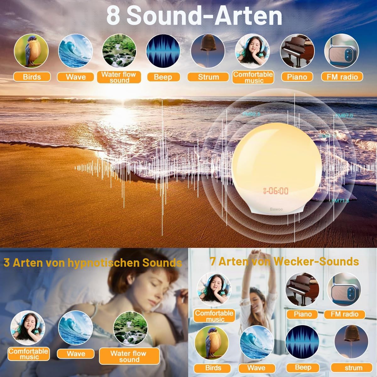 Tageslichtwecker,Wake Up Light, Lichtwecker, Bawoo Sonnenaufgang Sonnenuntergang Wecker Radiowecker mit 7 Natürlichen Töne 20 Helligkeit 2 Alarmen Schlummerfunktion UKW-Radio für Erwachsene & Kinder